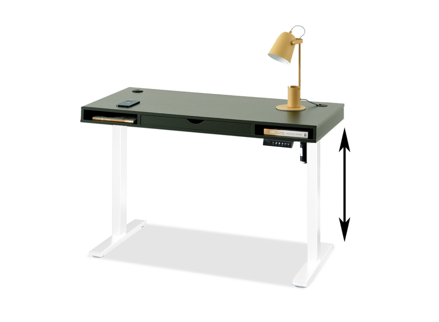Elektrischer Schreibtisch 120 cm Grün mit Schublade und Regalen auf weißem Gestell DENVER Awentto