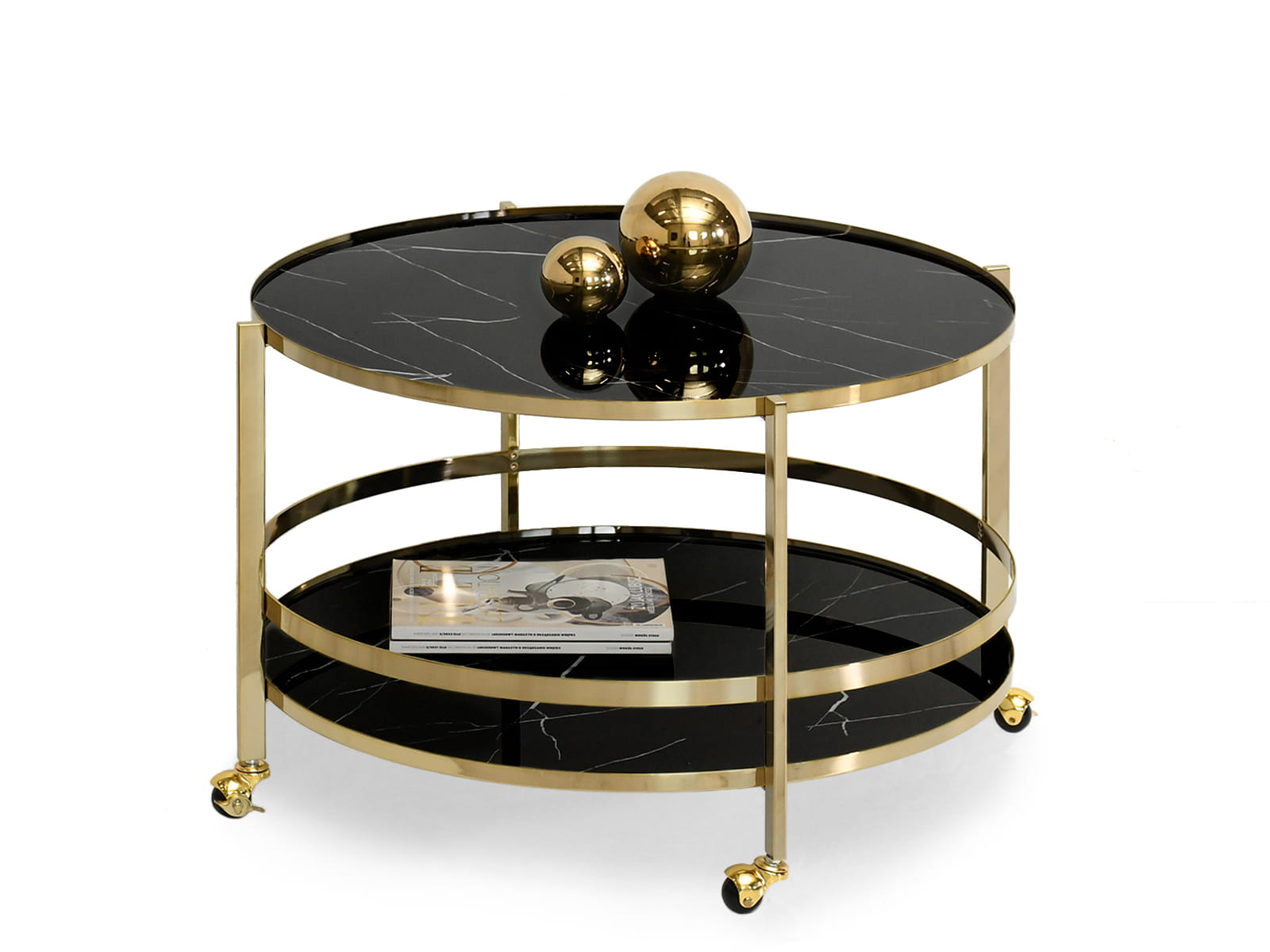 Couchtisch rund ø 80 cm in schwarzer Marmor-Optik auf goldenem Gestell Glamour SALZBURG Awentto