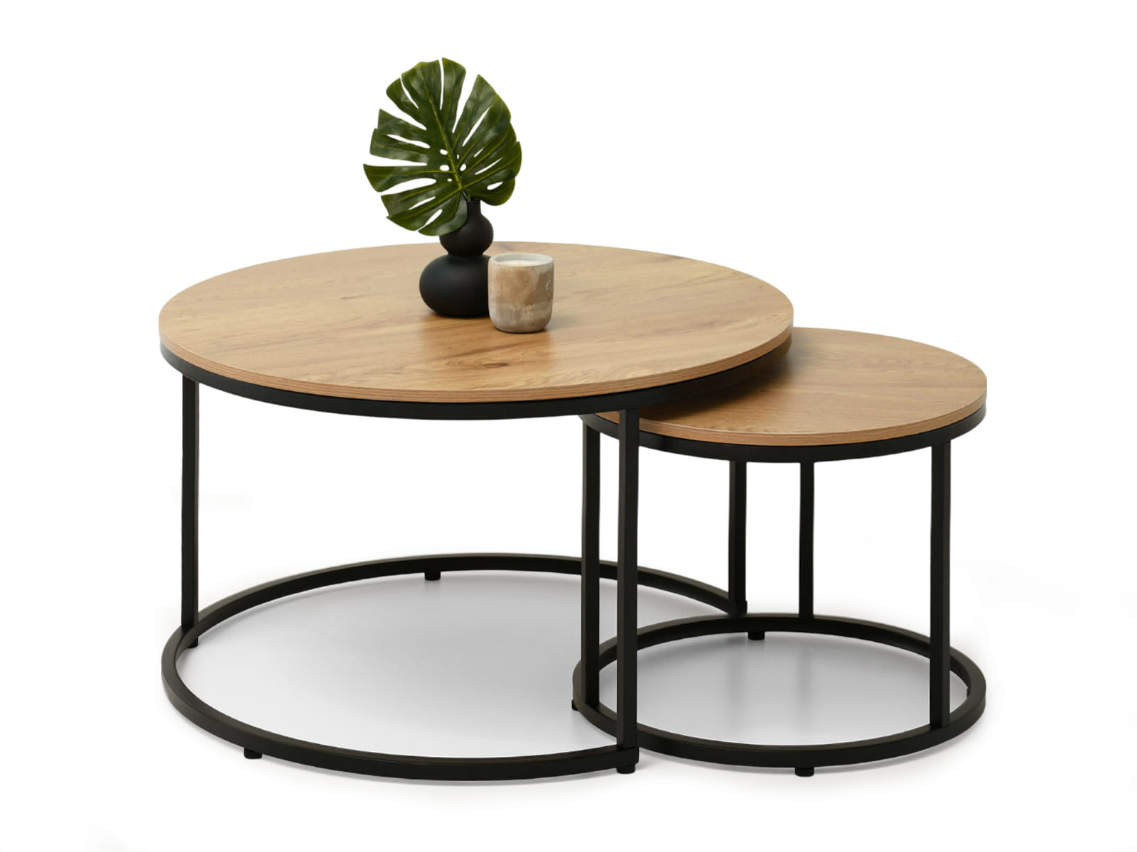 Set aus runden ø 51/80 cm Couchtischen in Eichenfarbe mit schwarzem Gestell KARMEN Awentto