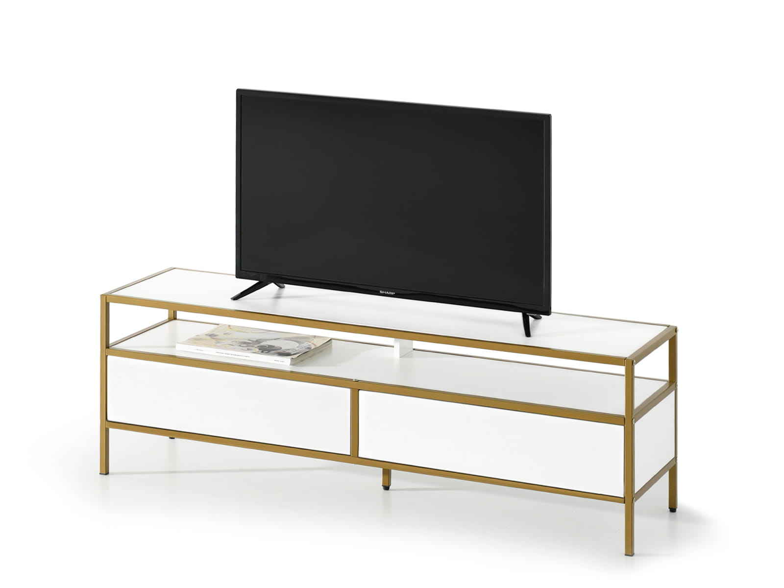 TV-Lowboard 120 cm Weiß auf goldenem Gestell Glamour RIVERIS Awentto