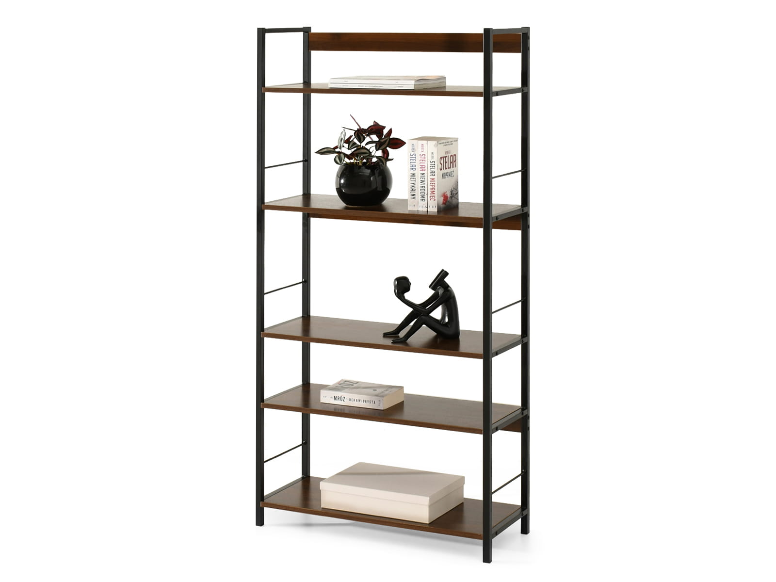 Eleganter offener Regalschrank 74 cm in Nussbaum-Farbe auf schwarzem Gestell SUSAN Awentto