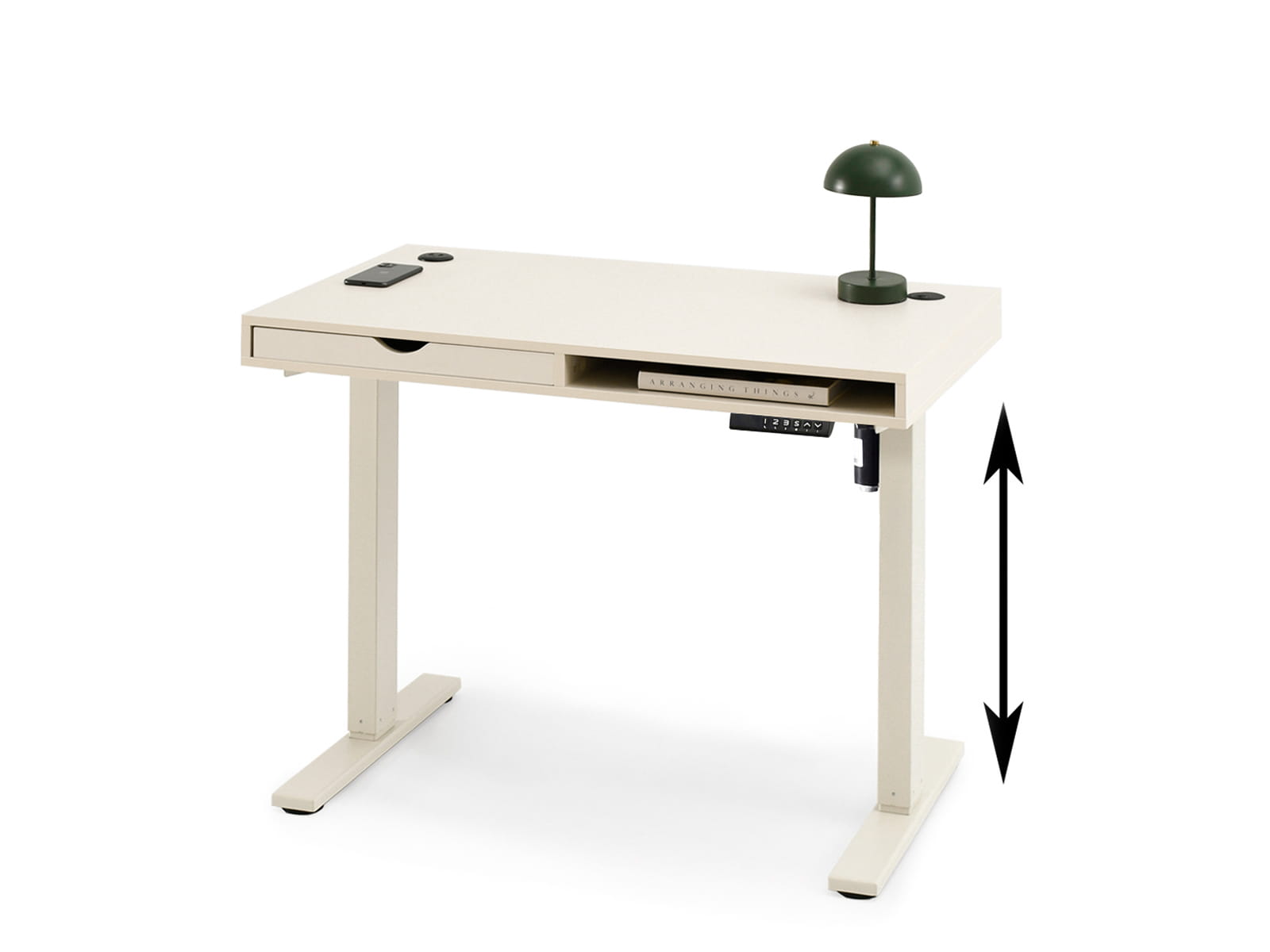 Elektrischer Schreibtisch 100 cm Creme mit Schublade und Ablage auf cremefarbenem Gestell DENVER Awentto